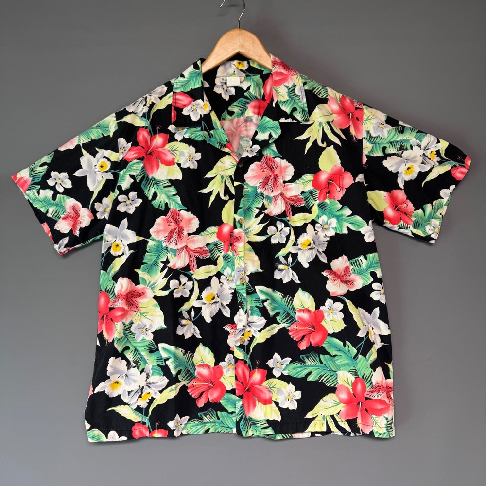 Vintage Made in Hawaii Mens XL Black Tropical Floral Hibiscus Cotton Aloha Shirt